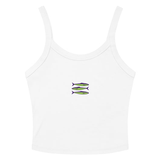 Women's white tank top with lilac and green sardine graphics - Summer sleeveless shirt
